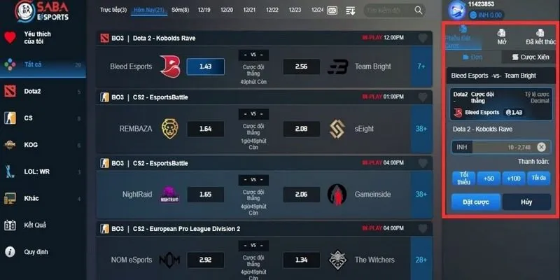 Đa dạng kèo trong từng trò chơi tại sảnh Saba Esports